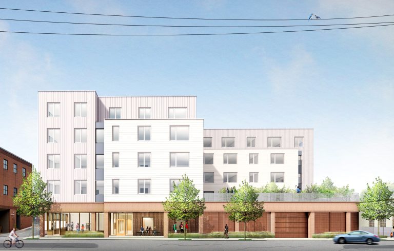 Early rendering Provided by Utile Architecture for Housing Corporation of Arlington new project at Sunnyside Avenue Arlington, MA
 Rendering of modern white mid rise apartment building with earth tongs on the first floor.
